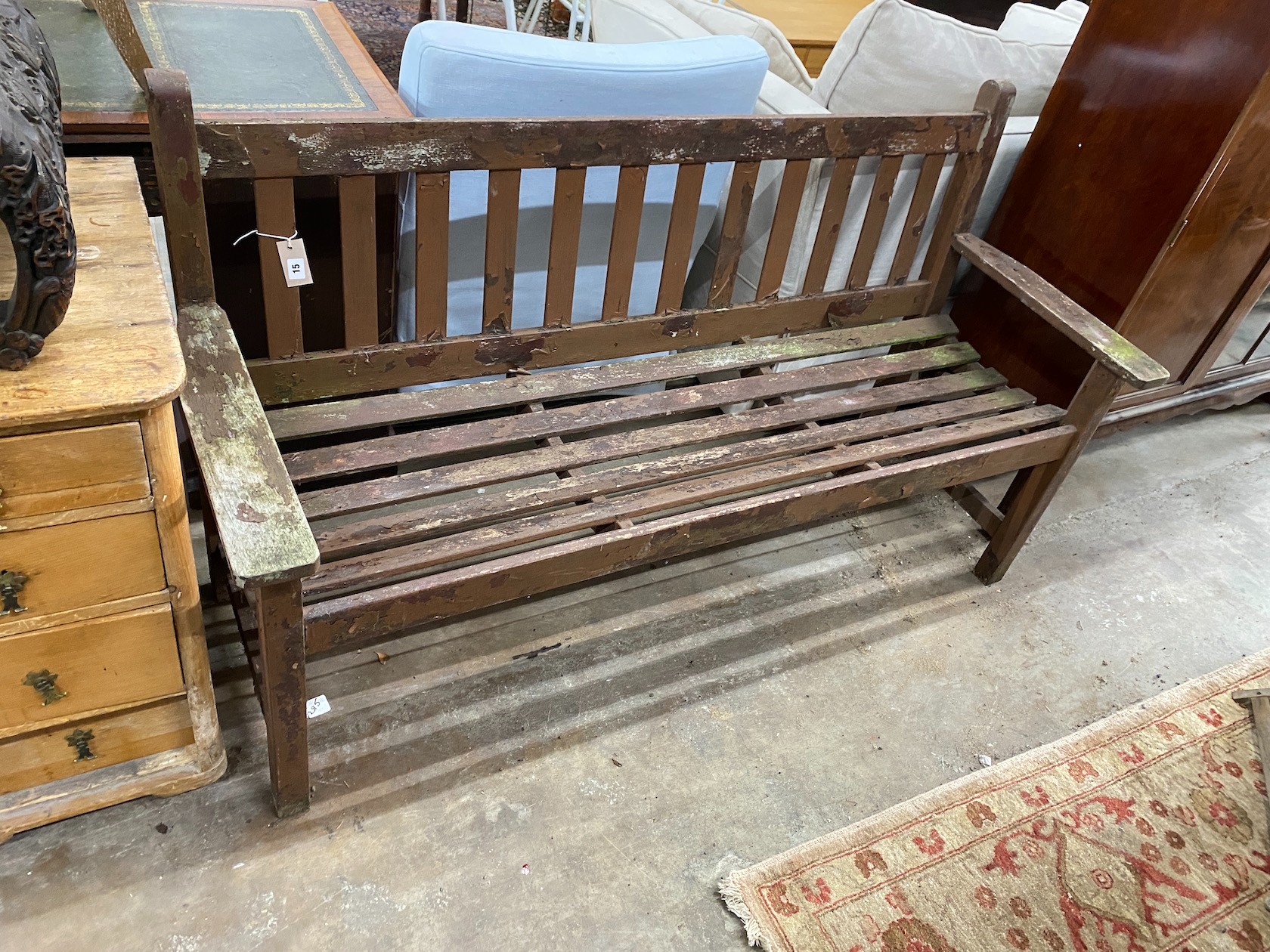 A painted weathered teak garden bench, length 158cm, depth 56cm, height 89cm